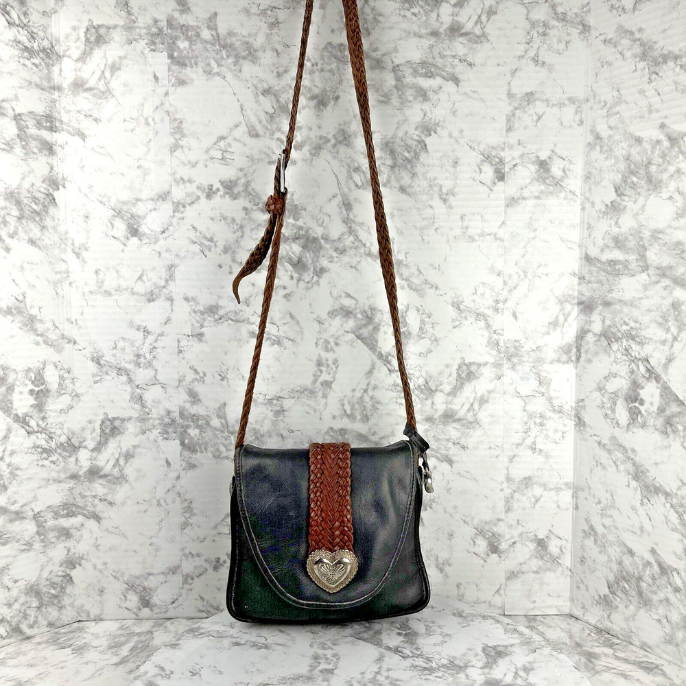 Vintage Brighton Black Leather Crossbody Bag Purse Brown Leather Braided Strap